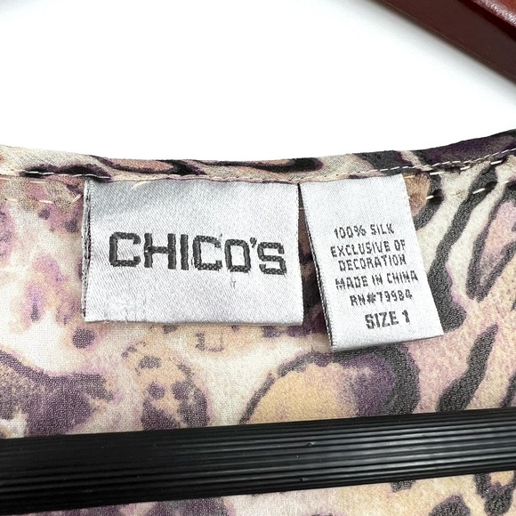 Chicos Sz 1 Medium 100% SILK Sheer Animal Print Blouse Shirt Top 3/4 Sleeve - Picture 2 of 8